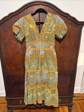 Olive Green & Mustard Patterned Midi Dress with V-Neck
